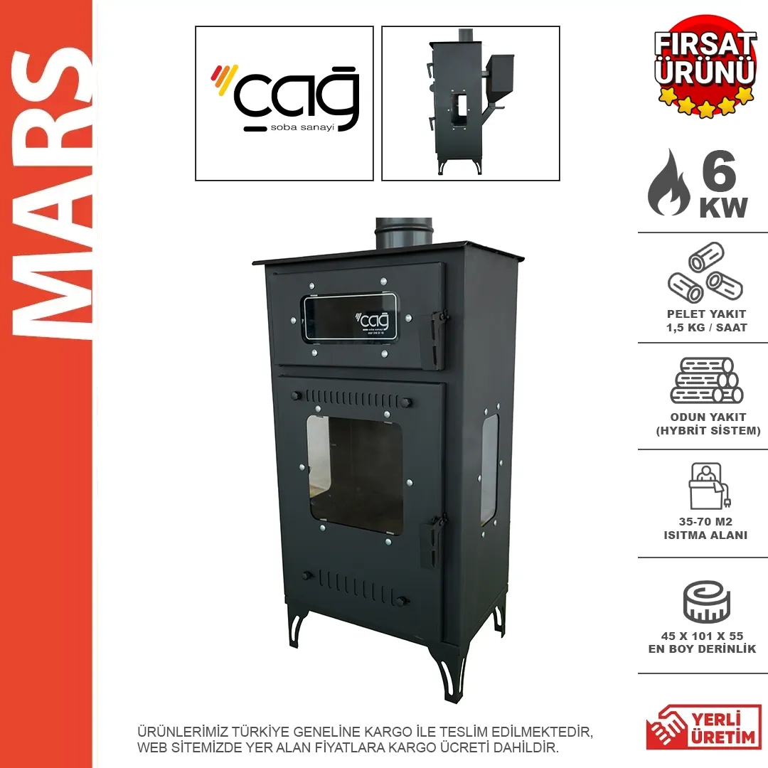 MARS HYBRİT (PELET+ODUN) FIRINLI ÜÇ CAMLI DİKEY KUZİNE PELET SOBA